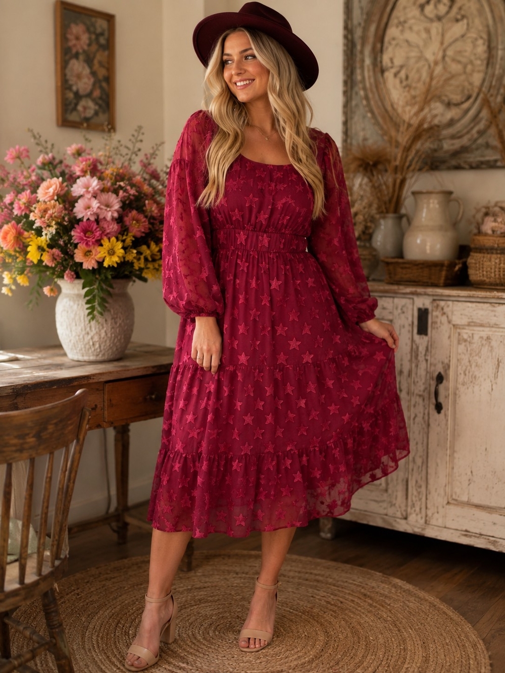 torrid Burgundy Star-Pattern Maxi Dress with Puff Sleeves